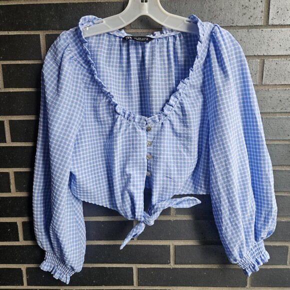 Zara Women's Blue & White Gingham Prairie Boho Cottage Crop Top Tie Front Size M - Picture 13 of 14